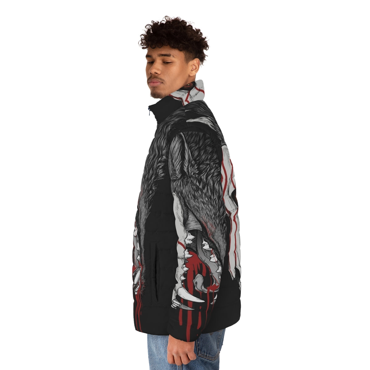 A black puffer jacket featuring horror elements like wolves, fangs, and blood for anime and horror enthusiasts. - men side left