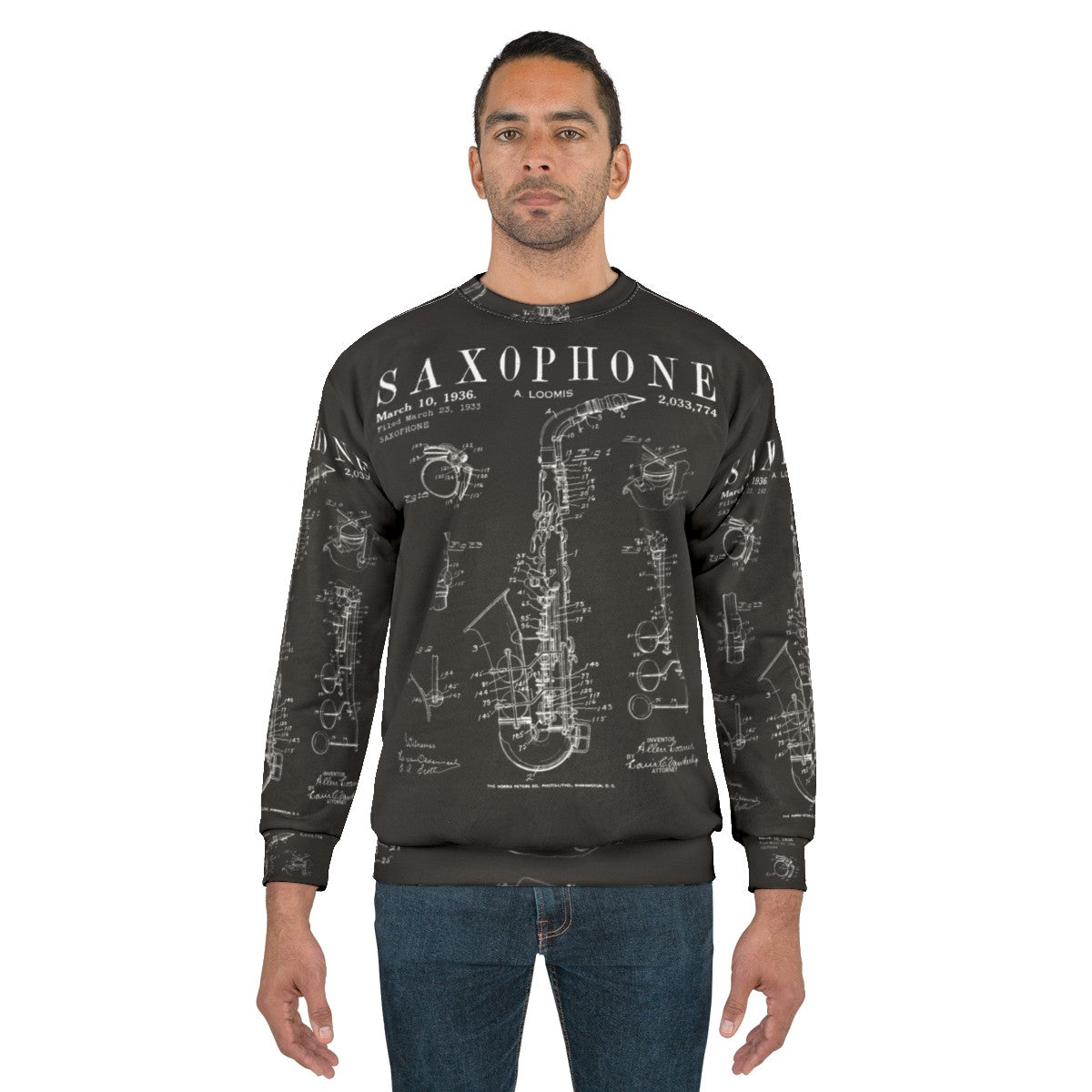 Vintage saxophone patent drawing print on sweatshirt - men