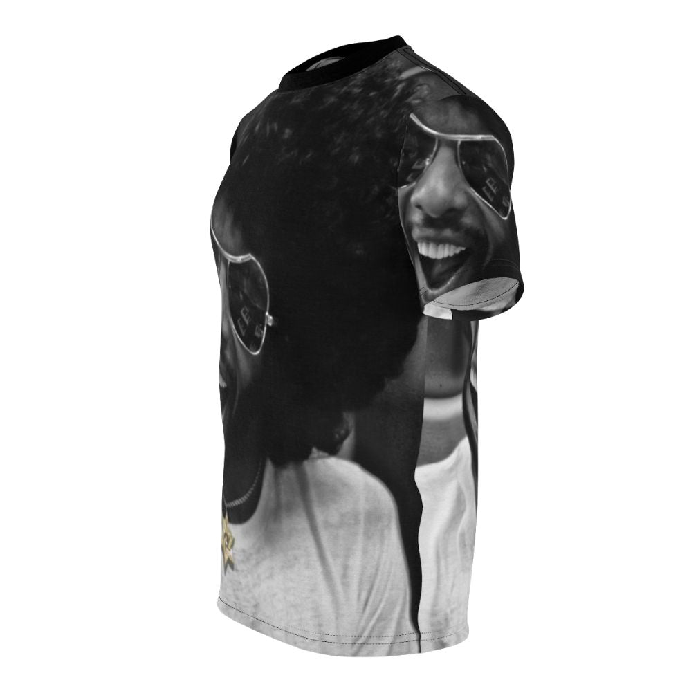 Artistic Tribute to Sly Stone's Music Studio AOP T-Shirt featuring black and white photography, selective color, and music-inspired elements - men left