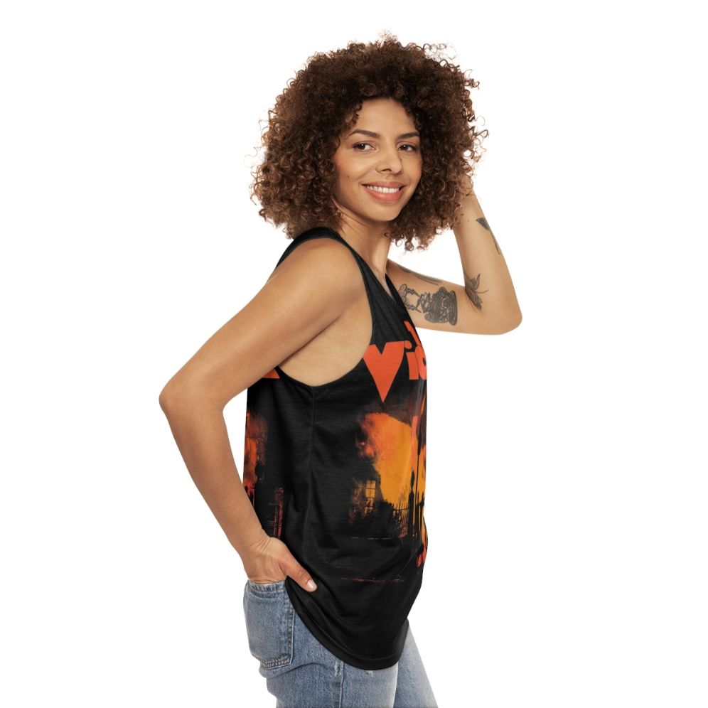 Unisex horror movie tank top with violent, spooky, and humor-filled design - women side