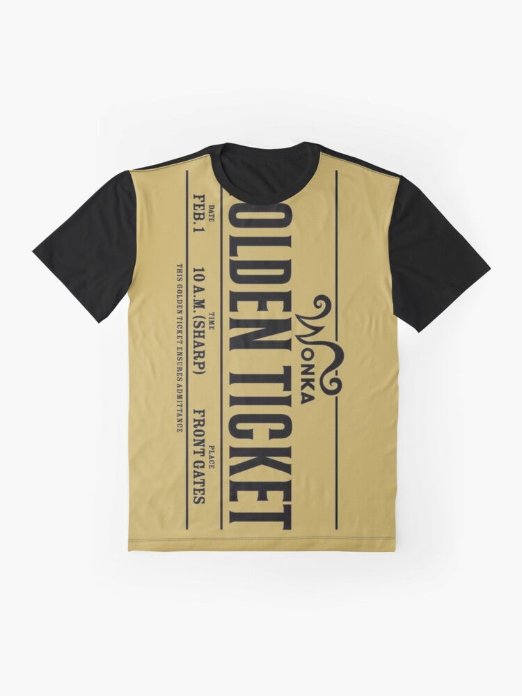 Golden ticket graphic t-shirt design, featuring a Wonka bar and chocolate references - Flat lay