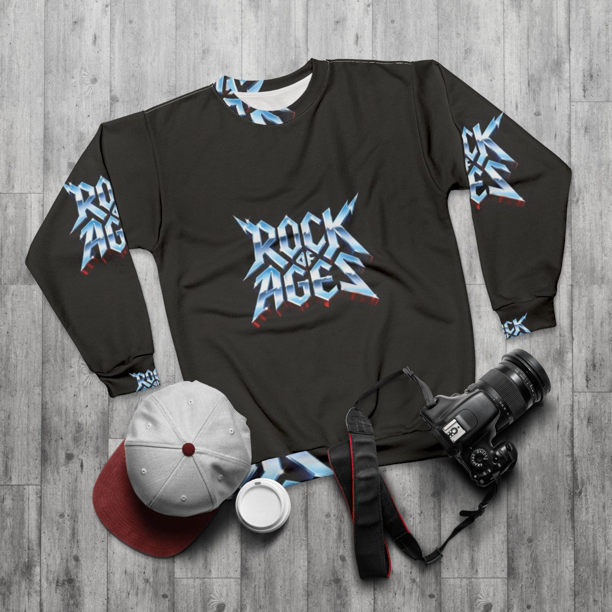 Rock of Ages Metallic Sweatshirt - Vintage Heavy Metal Band Apparel - flat lay