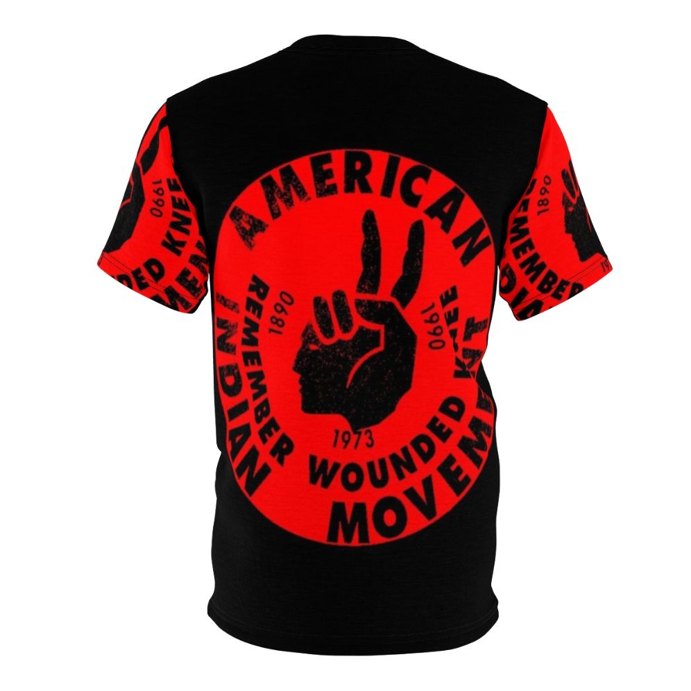 Graphic T-shirt design featuring the American Indian Movement logo and empowering message. - Back