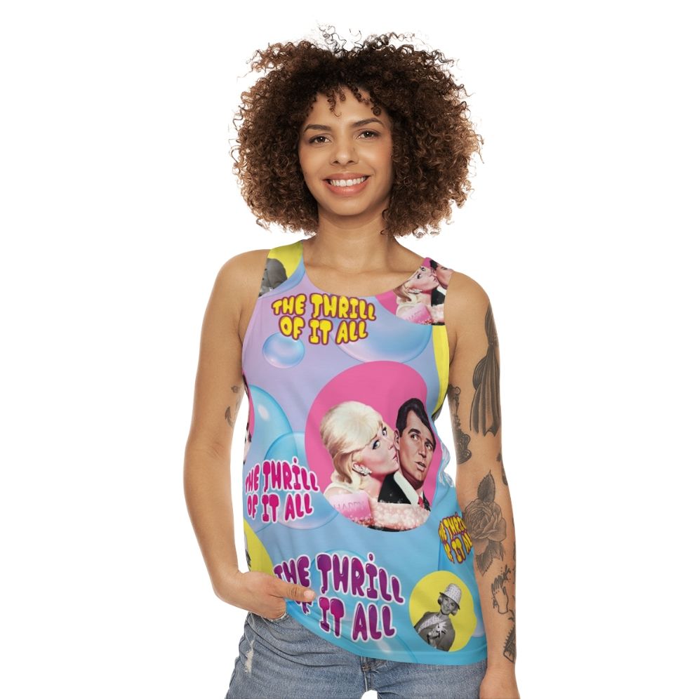 Retro 60s comedy unisex tank top with "The Thrill of It All" movie design - women