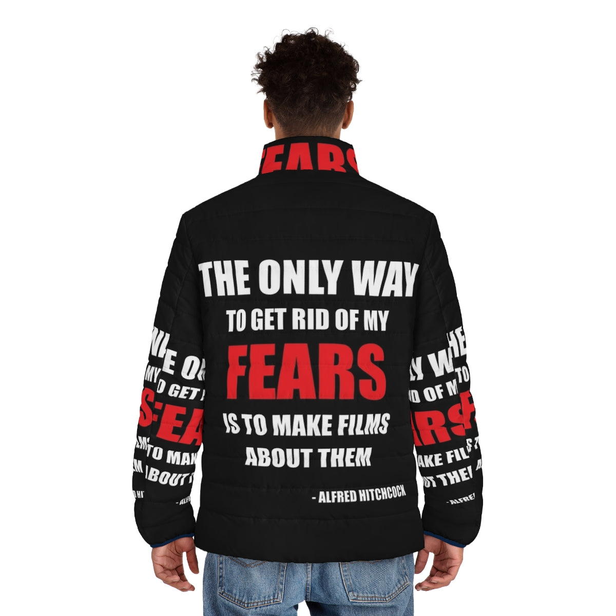 Stylish puffer jacket featuring a classic Alfred Hitchcock quote - men back