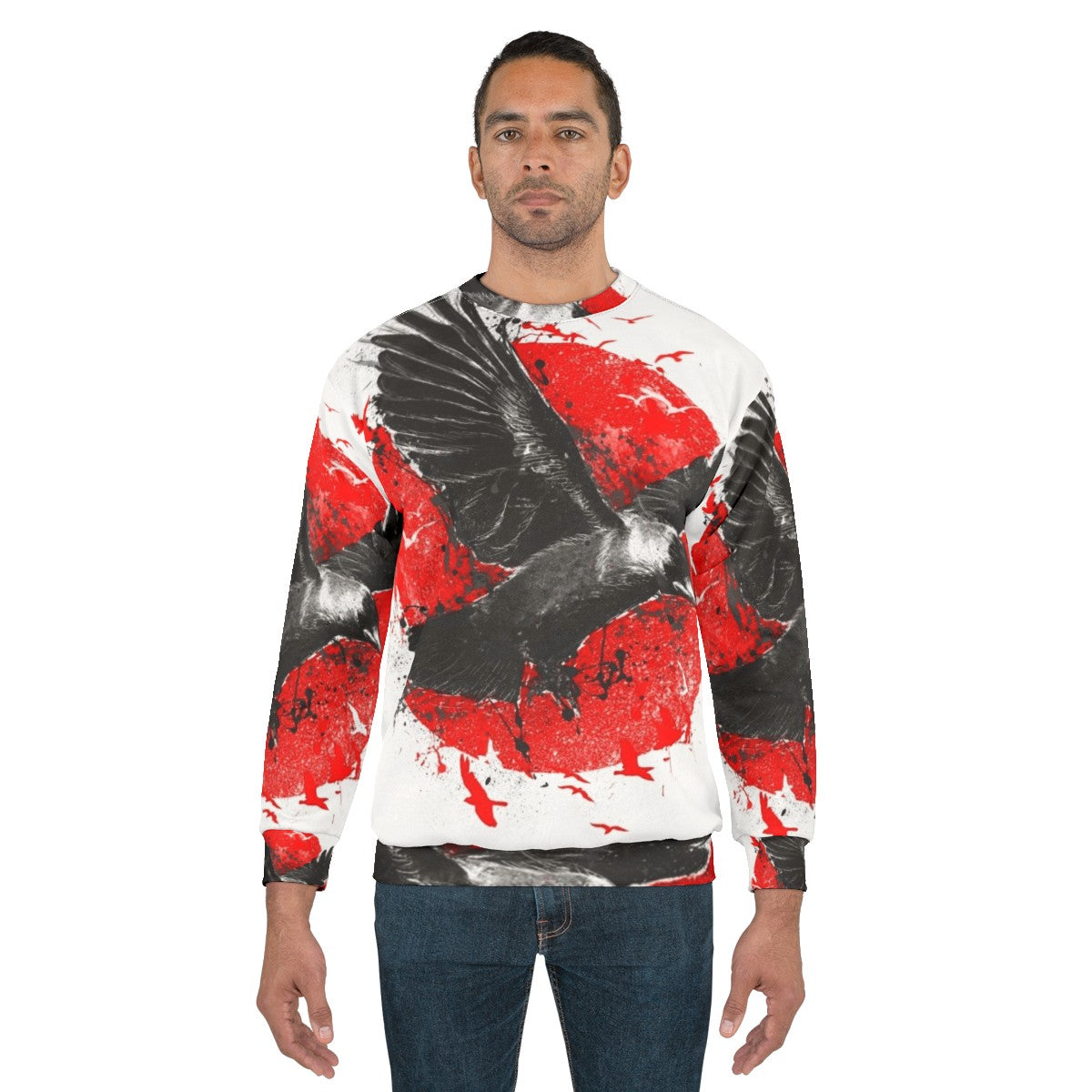 Unique red sweatshirt with bird and moon design - men