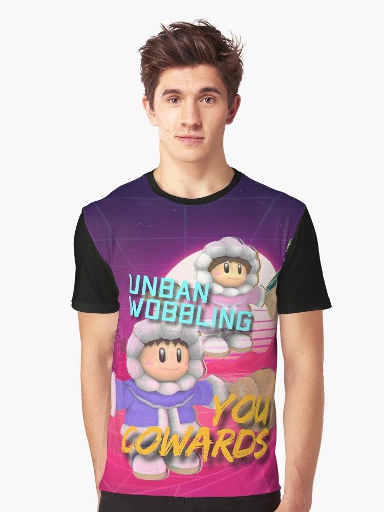 Graphic t-shirt design featuring the banned "wobbling" technique from the ice climbers character in Super Smash Bros. - Men