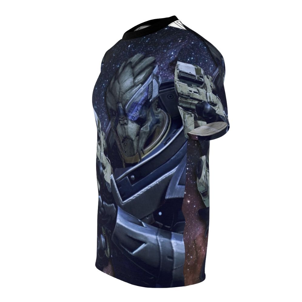 Garrus Vakarian, a popular alien character from the Mass Effect video game series, featured on a high-quality t-shirt design. - men left