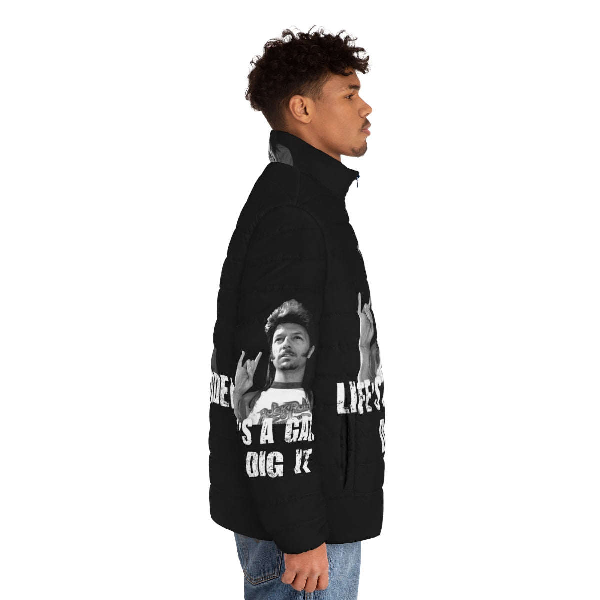 Life's a Garden Dig It Puffer Jacket featuring a garden quote and outdoor theme - men side right