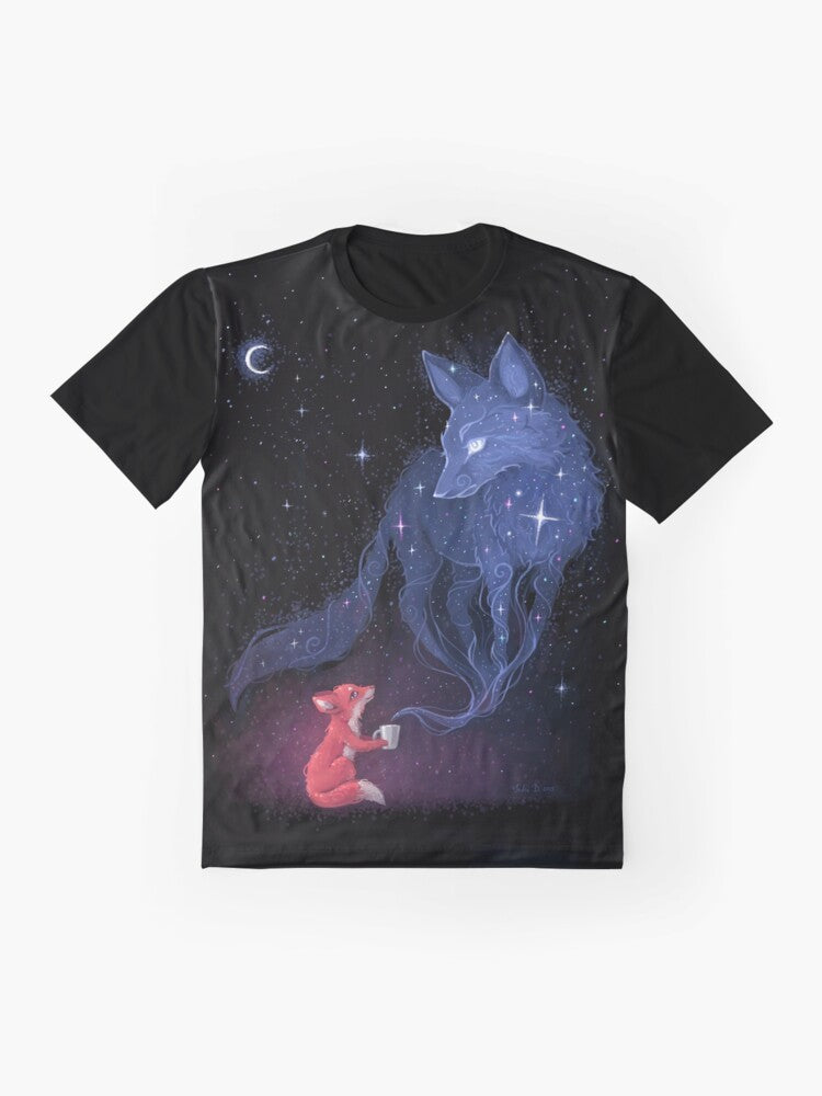 Celestial graphic t-shirt featuring a cute fox character surrounded by stars, moons, and cosmic elements - Flat lay