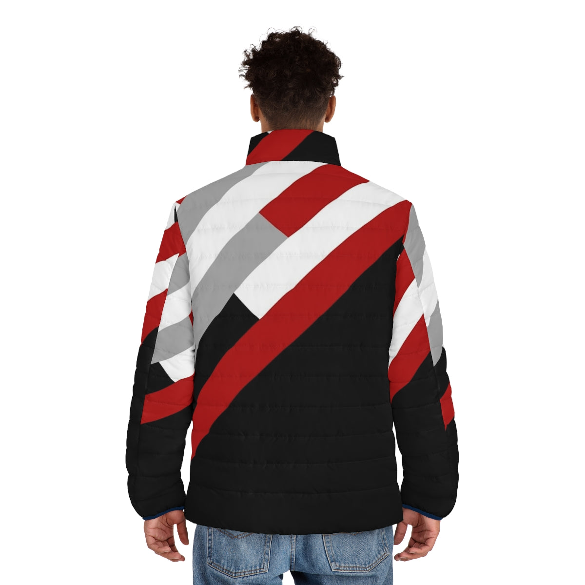 Diagonal stripes geometric pattern puffer jacket in grey, red, and white - men back