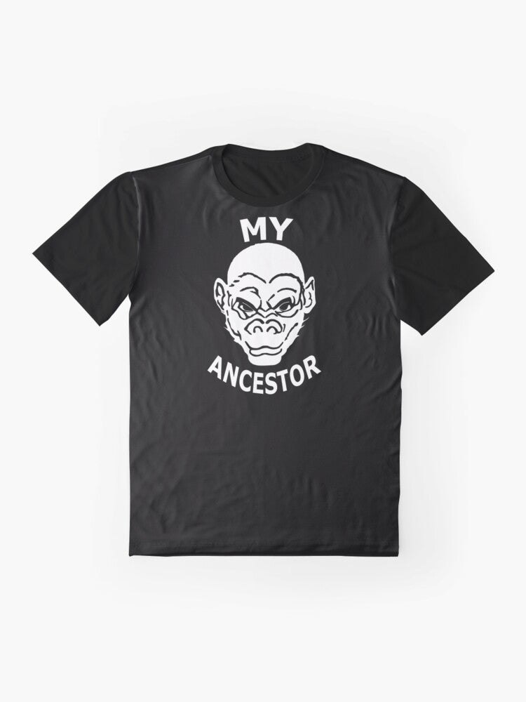 Graphic t-shirt featuring an evolutionary ancestor design with an ape or monkey silhouette - Flat lay