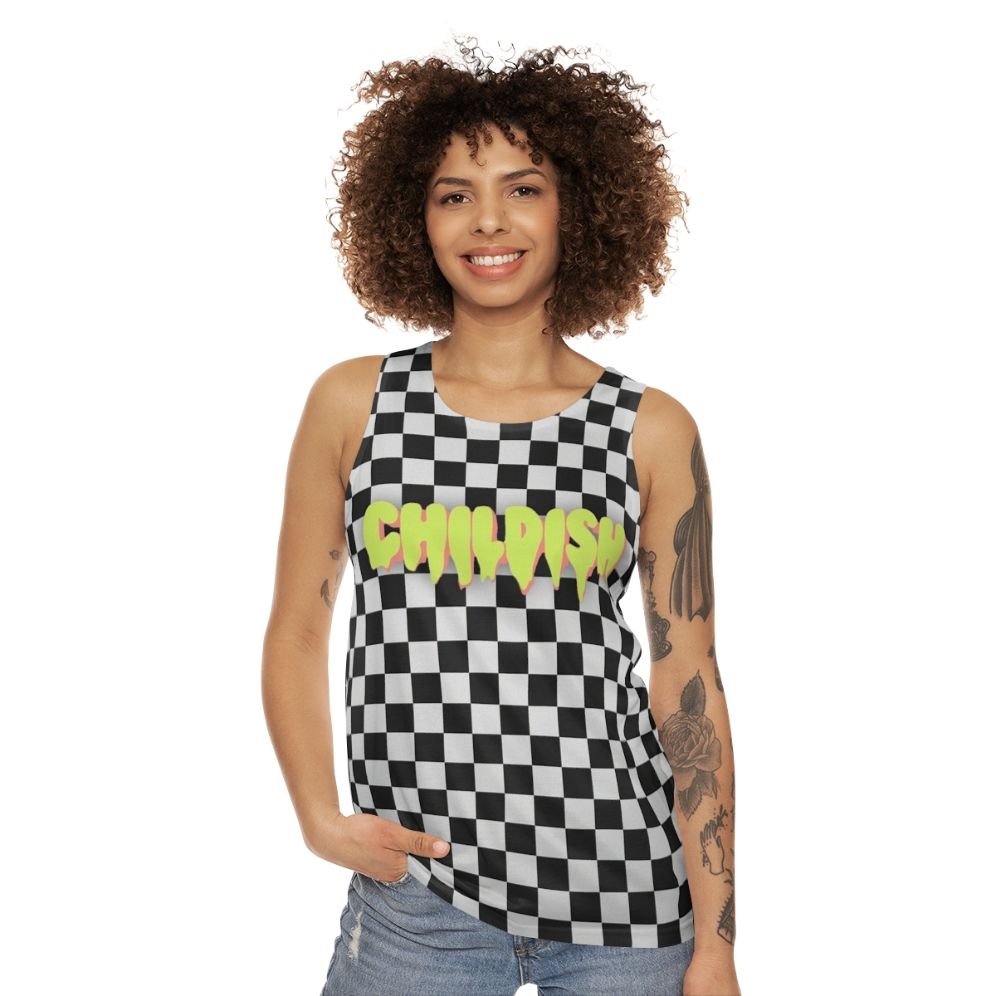 Unisex tank top with Tgfbro Childish B&W graphic design - women