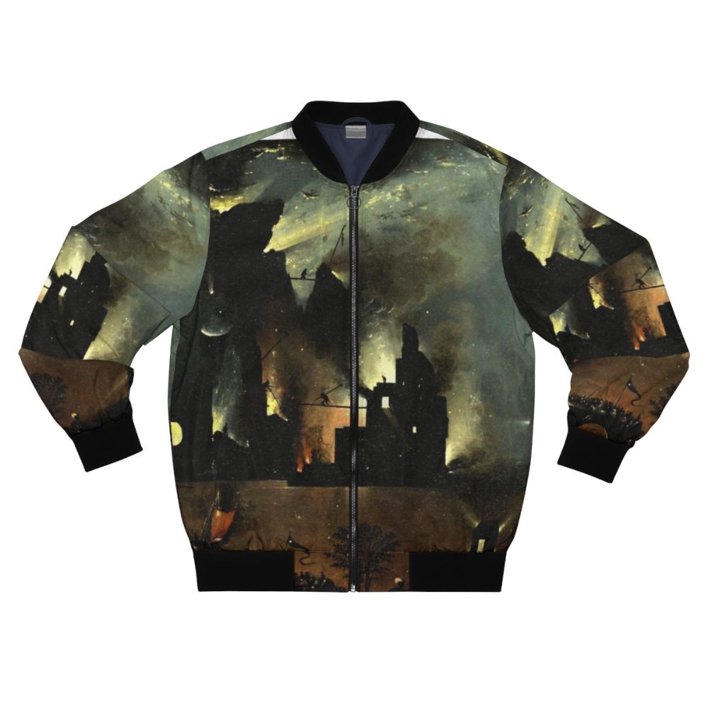 Hieronymus Bosch inspired bomber jacket featuring hell-themed imagery