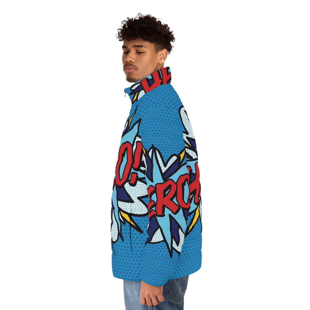 Vibrant hero comic book pop art puffer jacket with retro superhero graphics - men side left