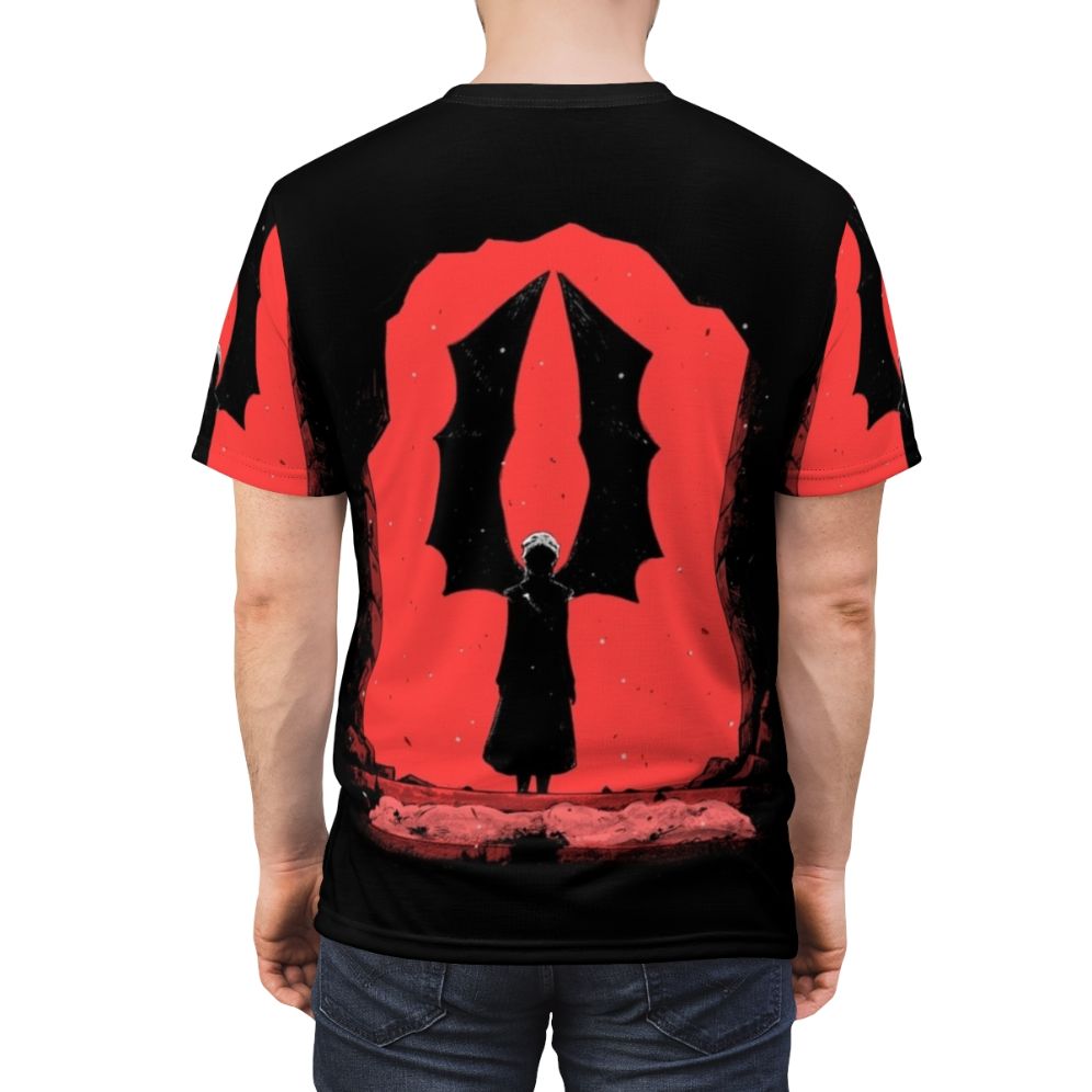 Daenerys Targaryen inspired fantasy art design with red dragon wings on a t-shirt. - men back