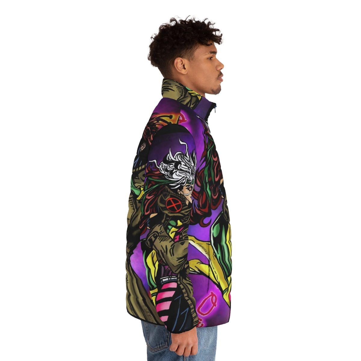 Gambit and Rogue X-Men puffer jacket in vibrant neon colors - men side right