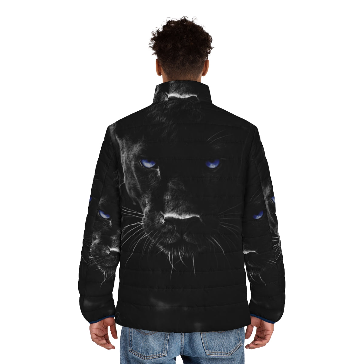 Dark Mother Puffer Jacket featuring black panther, leopard, and mountain lion design - men back