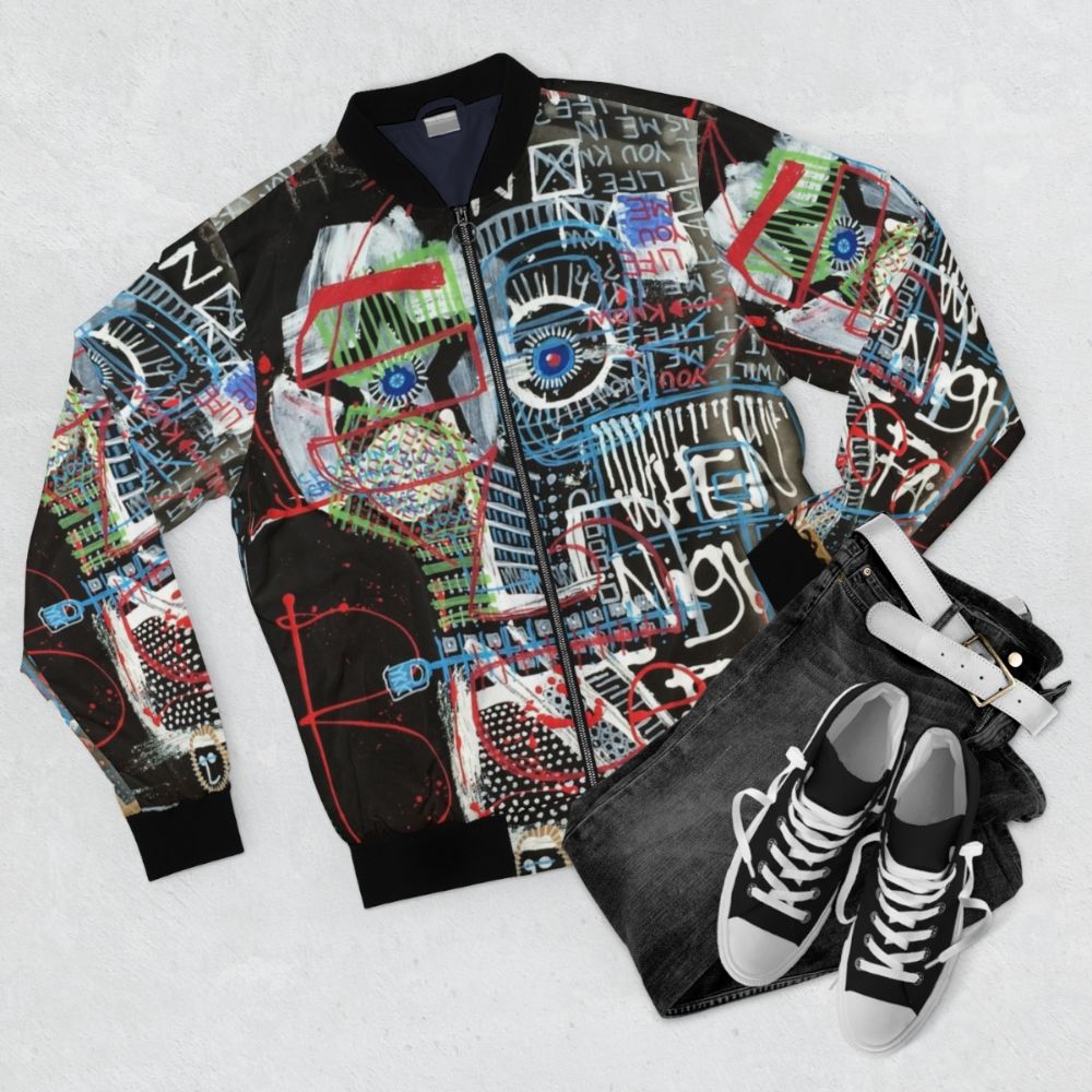 Contemplating Bomber Jacket - An abstract, neo-expressionist design featuring a face and words by mijumi art - Flat lay