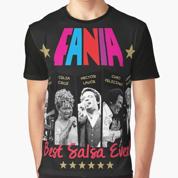 Fania graphic t-shirt featuring the best salsa singers like Celia Cruz, Hector Lavoe, and Tito Puente