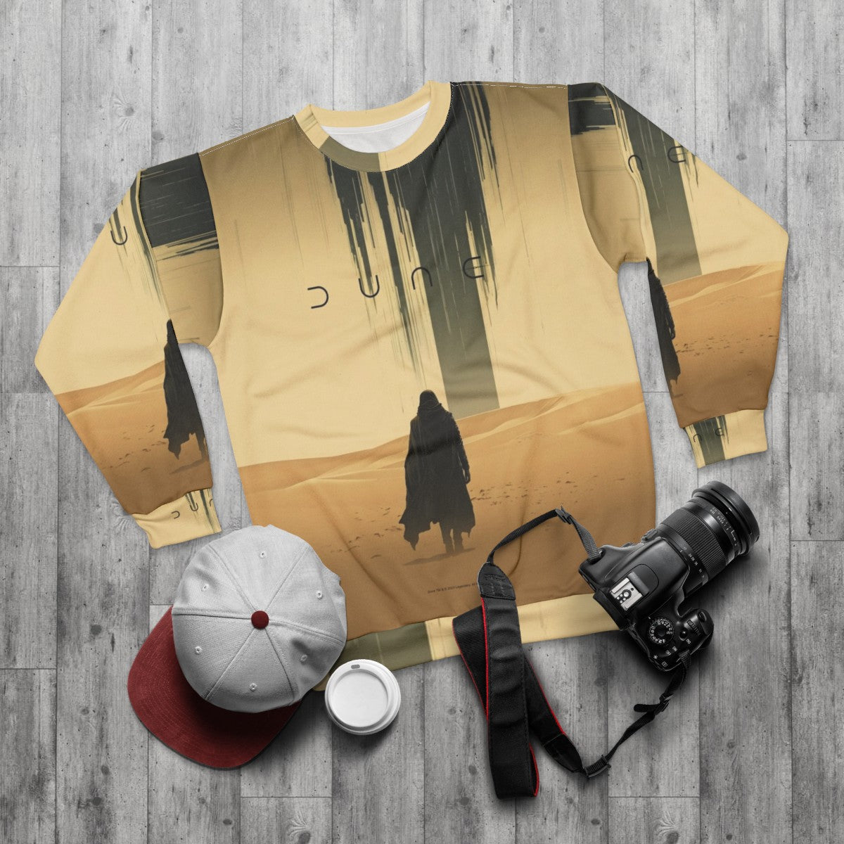 Sand colored sweatshirt with Dune movie inspired design - flat lay