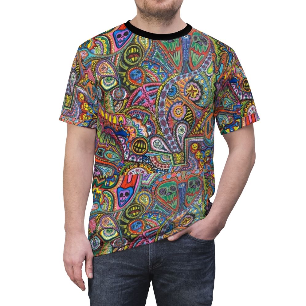 "Trippy psychedelic t-shirt featuring vibrant abstract and colorful patterns" - men front