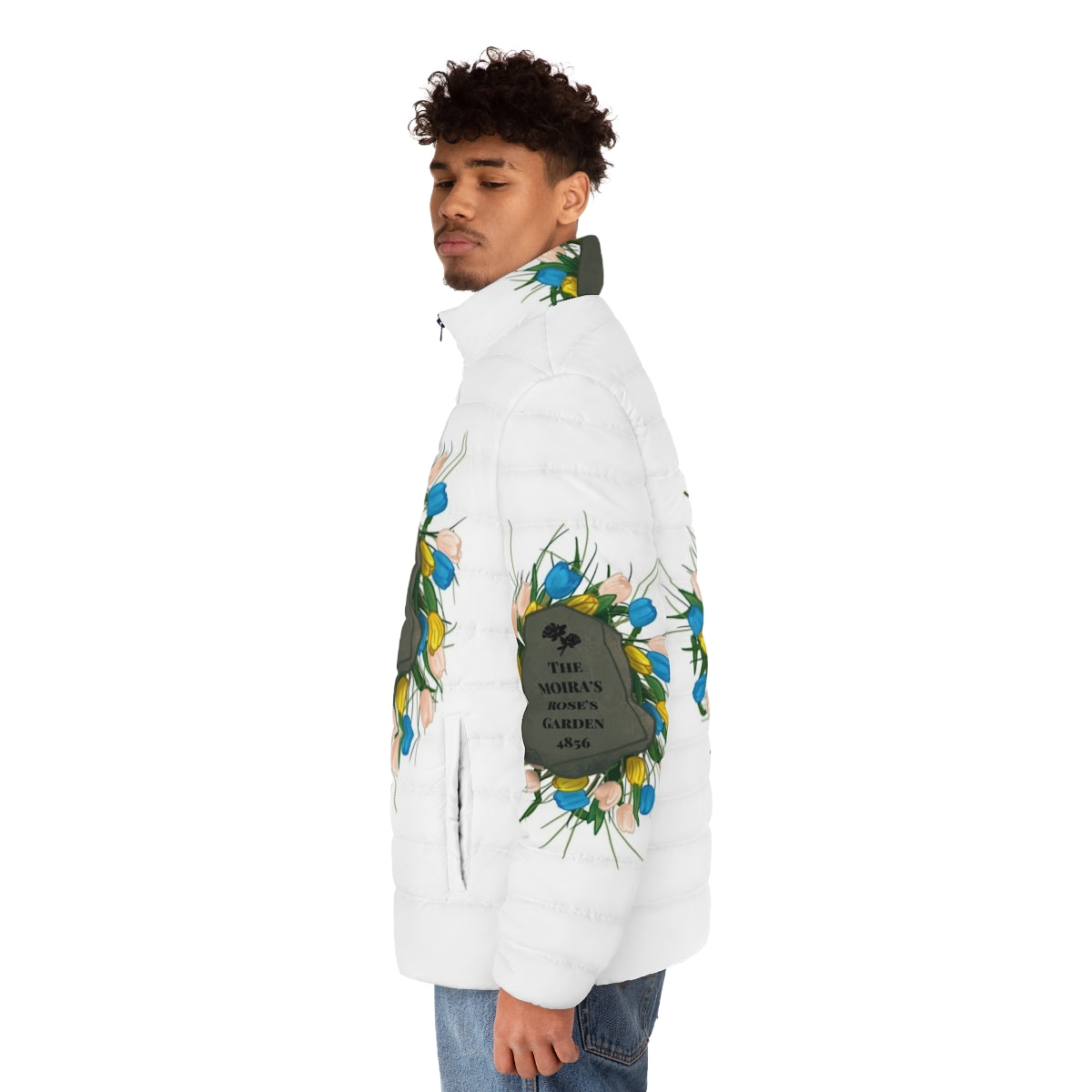 Moira Rose puffer jacket with floral garden design, Schitt's Creek fan art - men side left