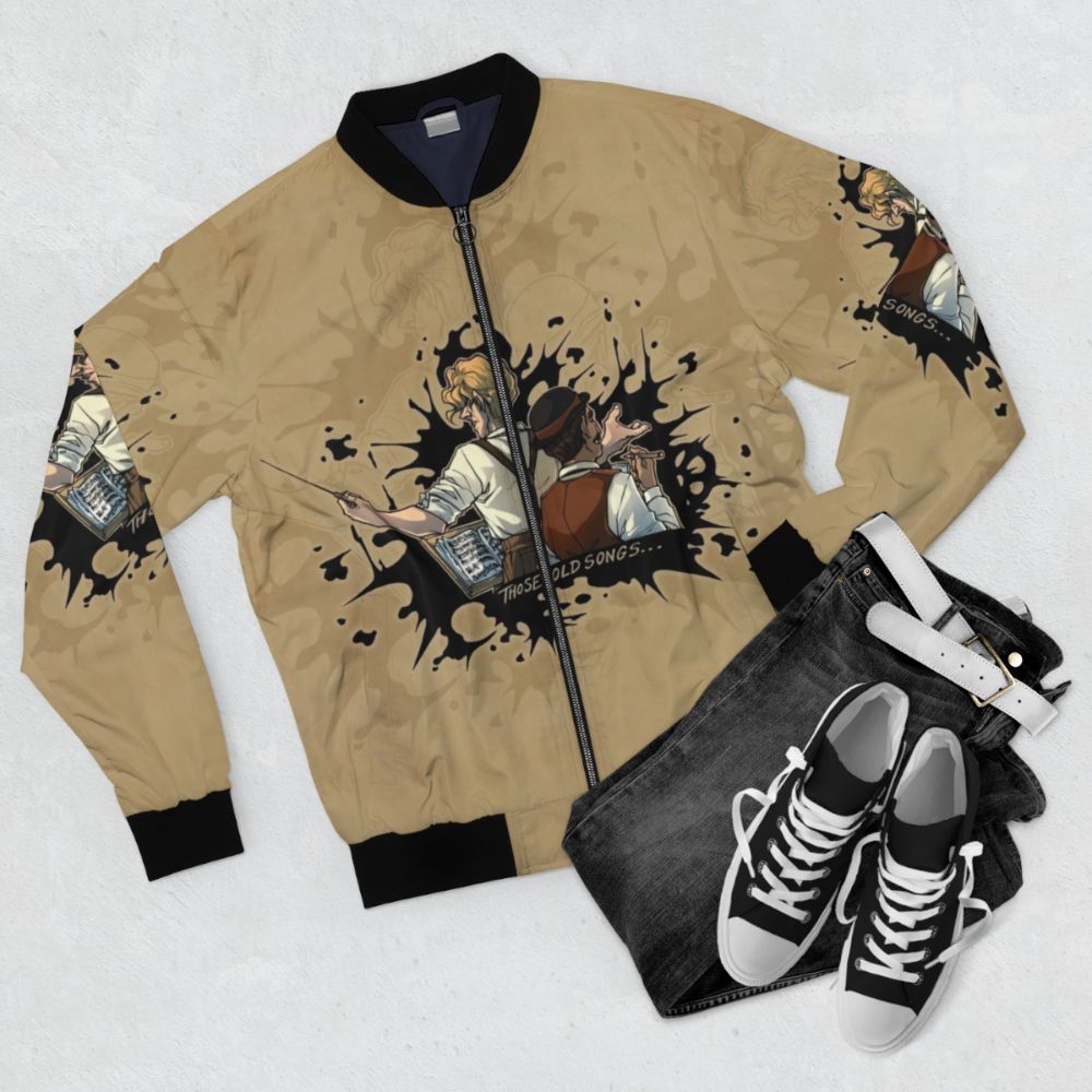 Vintage ink splatter design on a bomber jacket - Flat lay