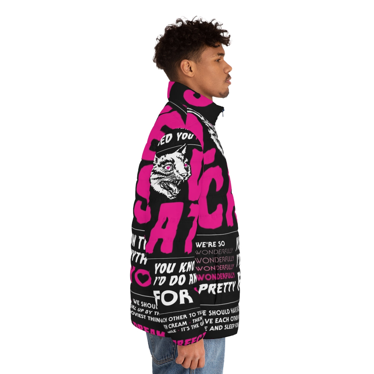 Puffer jacket with a graphic design featuring a cat and The Cure-inspired typography - men side right