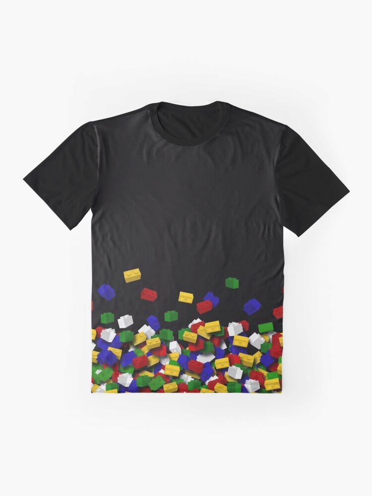 Brick art graphic t-shirt featuring various colorful bricks and blocks - Flat lay