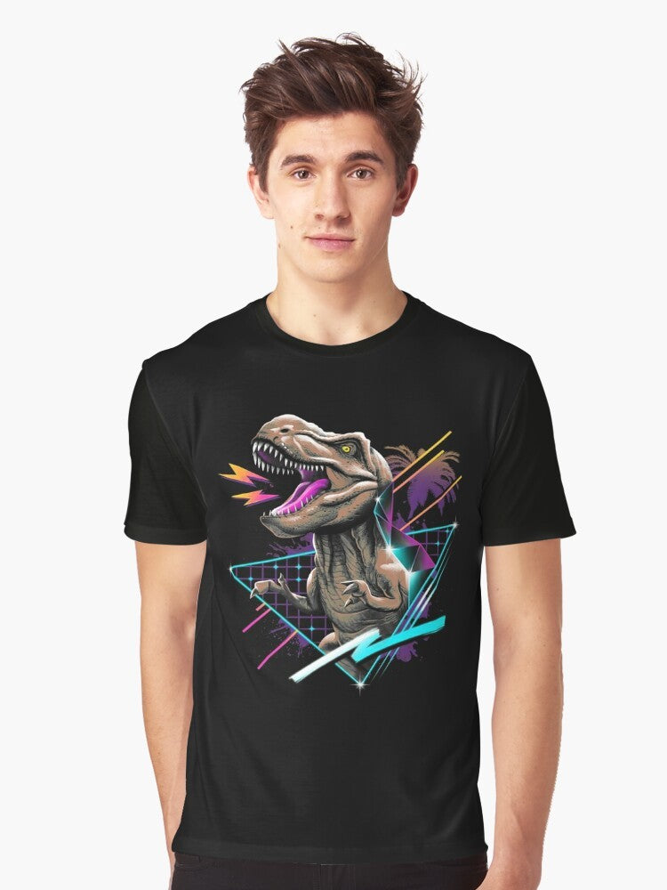 A retro graphic t-shirt featuring a tyrannosaurus rex dinosaur design. - Men