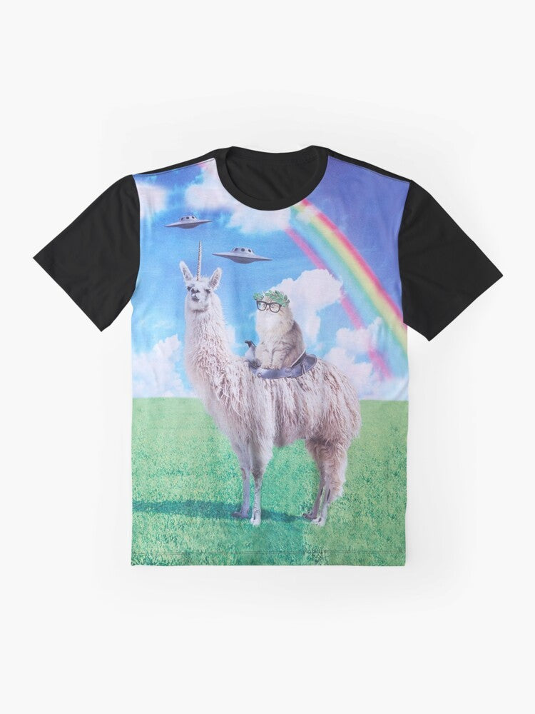 Cat riding a unicorn llama (llamacorn) on a colorful rainbow-filled space background with a flying UFO - Flat lay