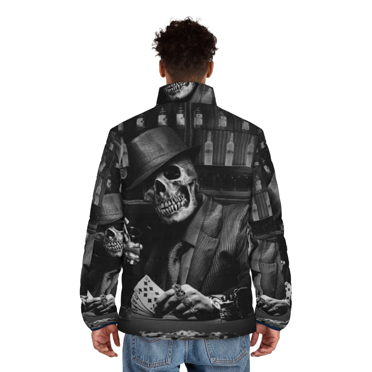 Dead Gangster Puffer Jacket featuring a skeleton and gangster-inspired design - men back