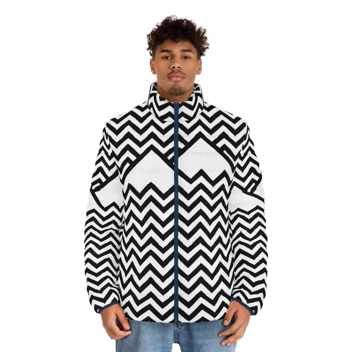 Model wearing a puffer jacket featuring the iconic Twin Peaks design - men front