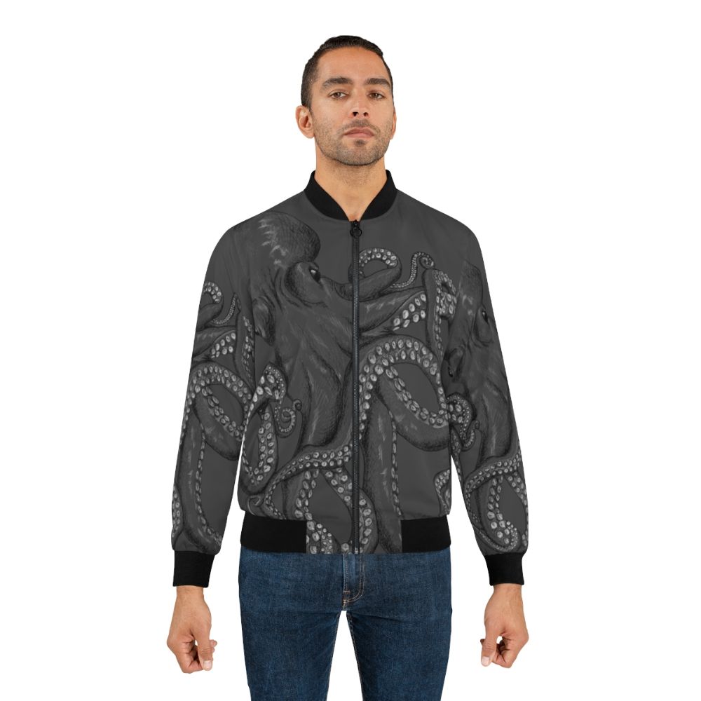 Realistic octopus design in black and white line art on a two-tone bomber jacket - Lifestyle