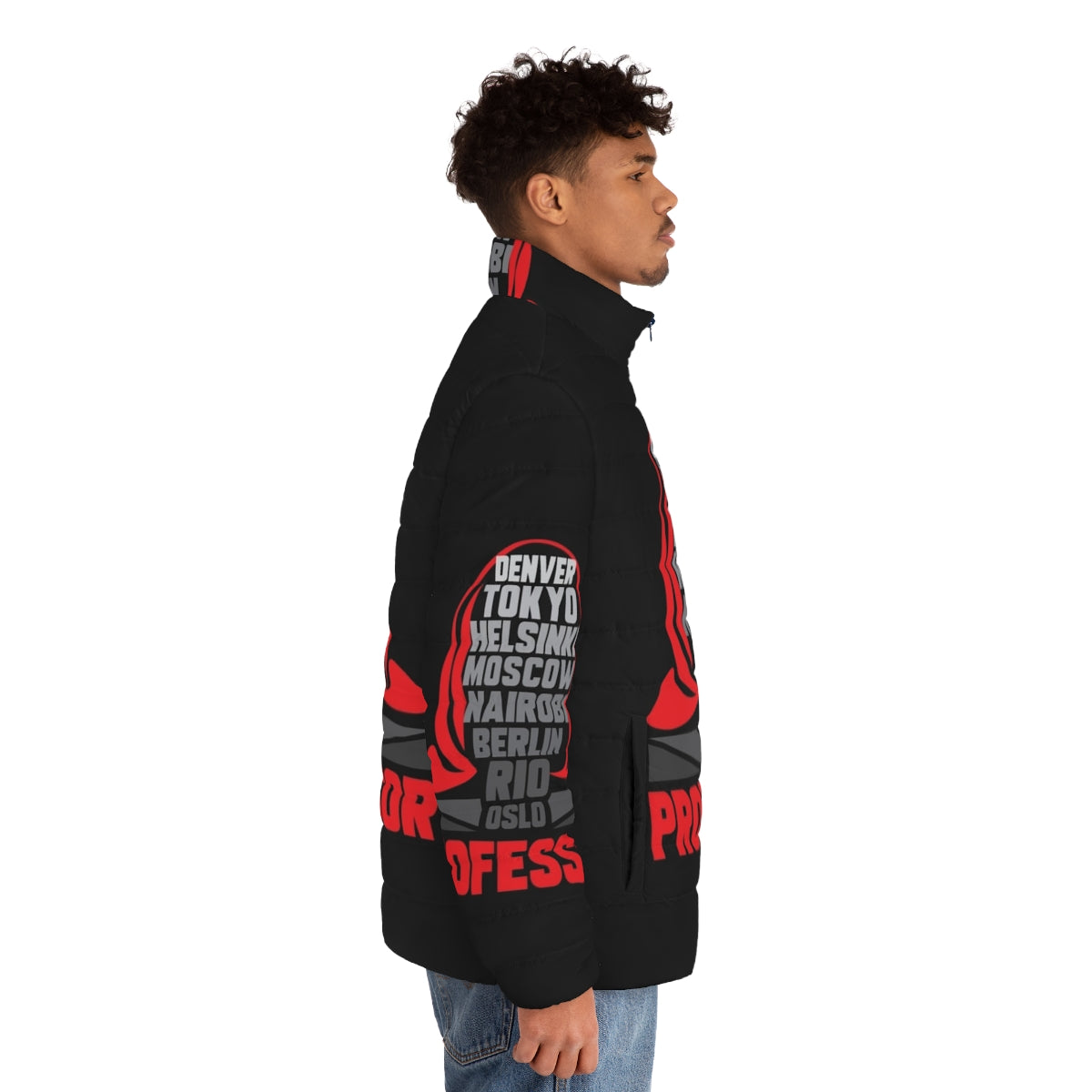 A person wearing a gray hooded puffer jacket with the "Money Heist" theme - men side right