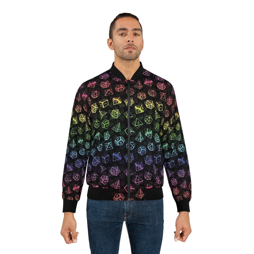 A colorful bomber jacket featuring a D20 dice and Dungeons and Dragons inspired pattern in a rainbow of colors. - Lifestyle