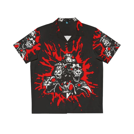 Chilling Blood Totems Hawaiian Shirt with Occult Symbols and Bloody Splatter