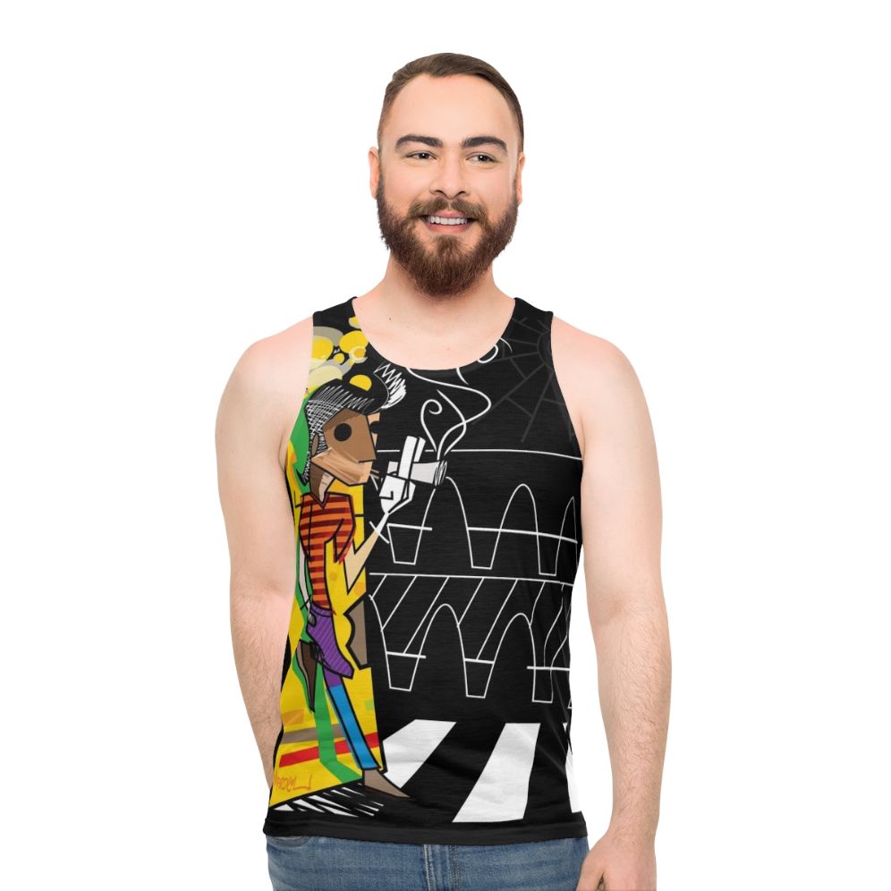 Colorful unisex tank top with pop art "The Trickster" design - men