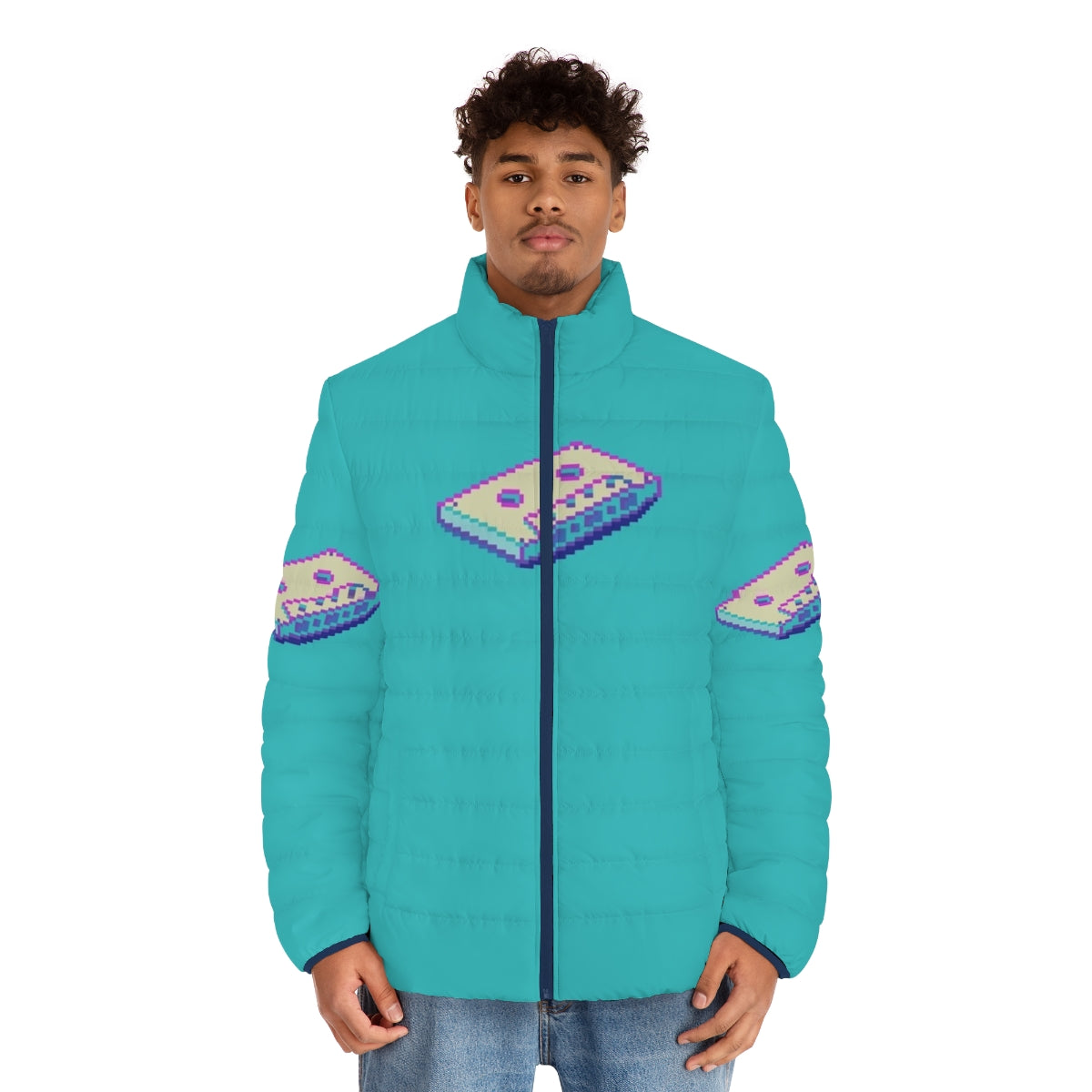 Retro vaporwave cassette puffer jacket with pixel art design - men front