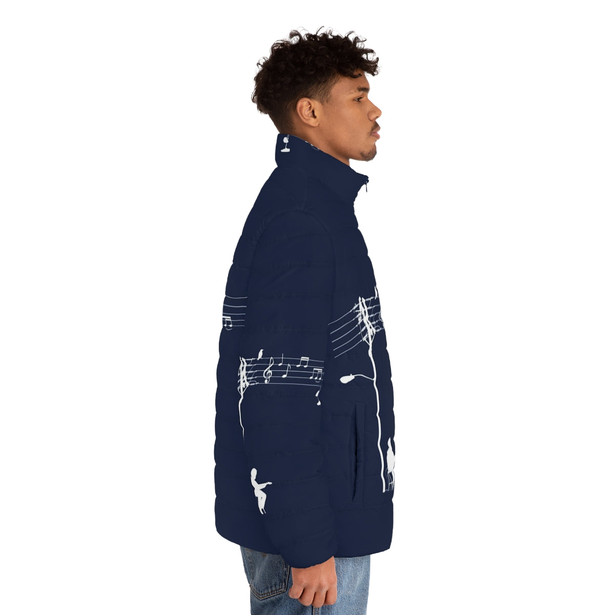 White puffer jacket with music-inspired vector art design - men side right