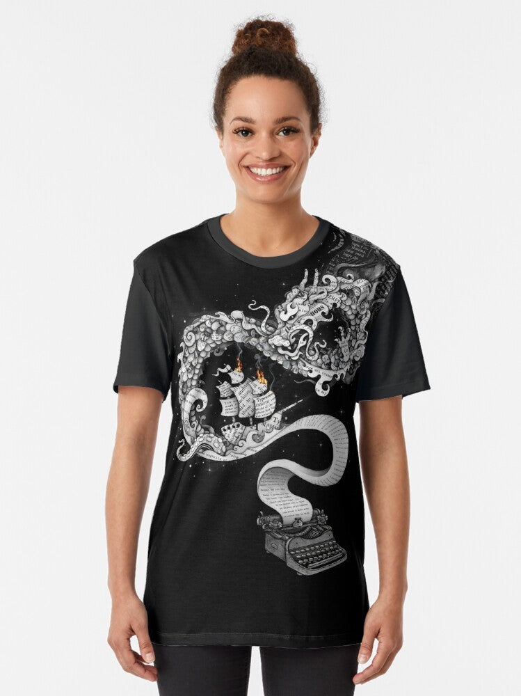 A surreal graphic t-shirt featuring a collage of a dragon, ship, fire, and other fantastical elements, representing the power of unleashed imagination. - Women