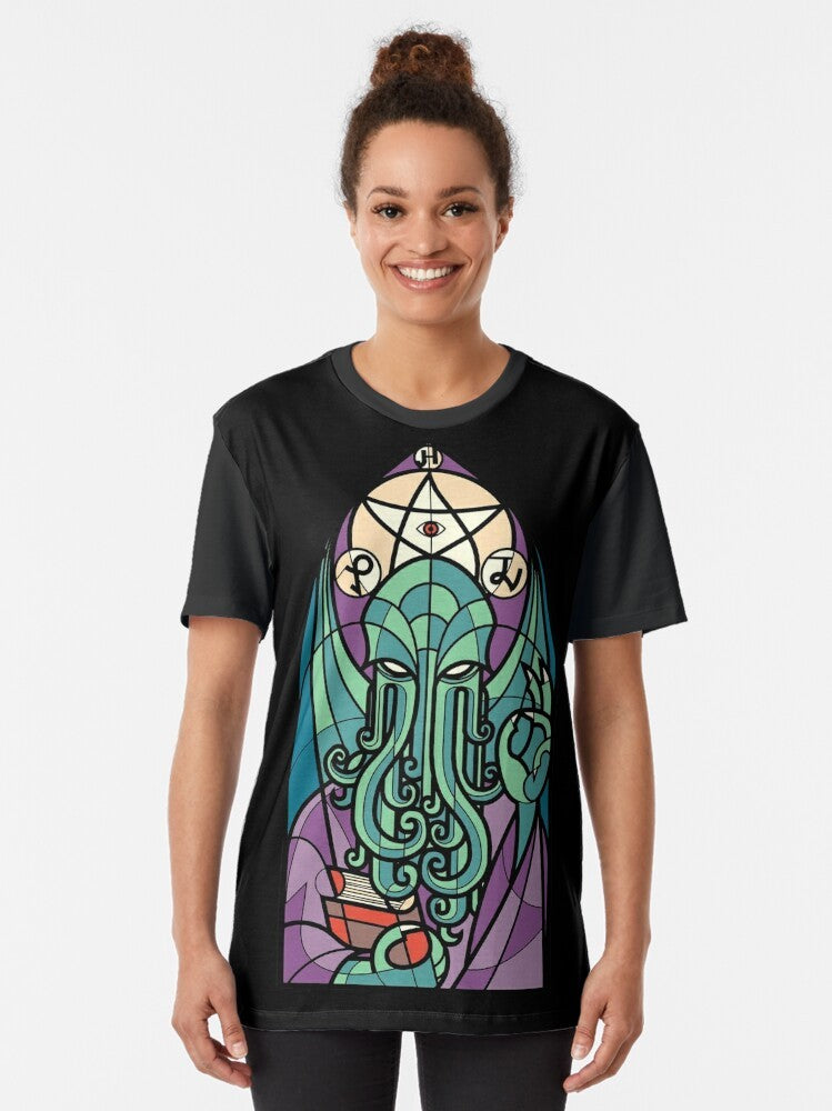 Cthulhu cosmic horror graphic t-shirt design featuring H.P. Lovecraft Cthulhu mythos elements like tentacles, cephalopod, and occult symbols - Women