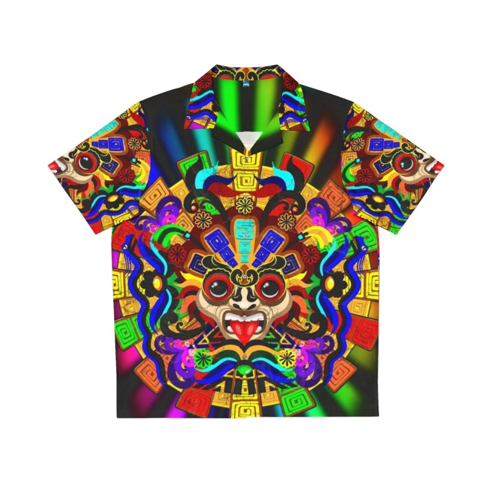 Colorful Aztec warrior mask print on a Hawaiian style shirt