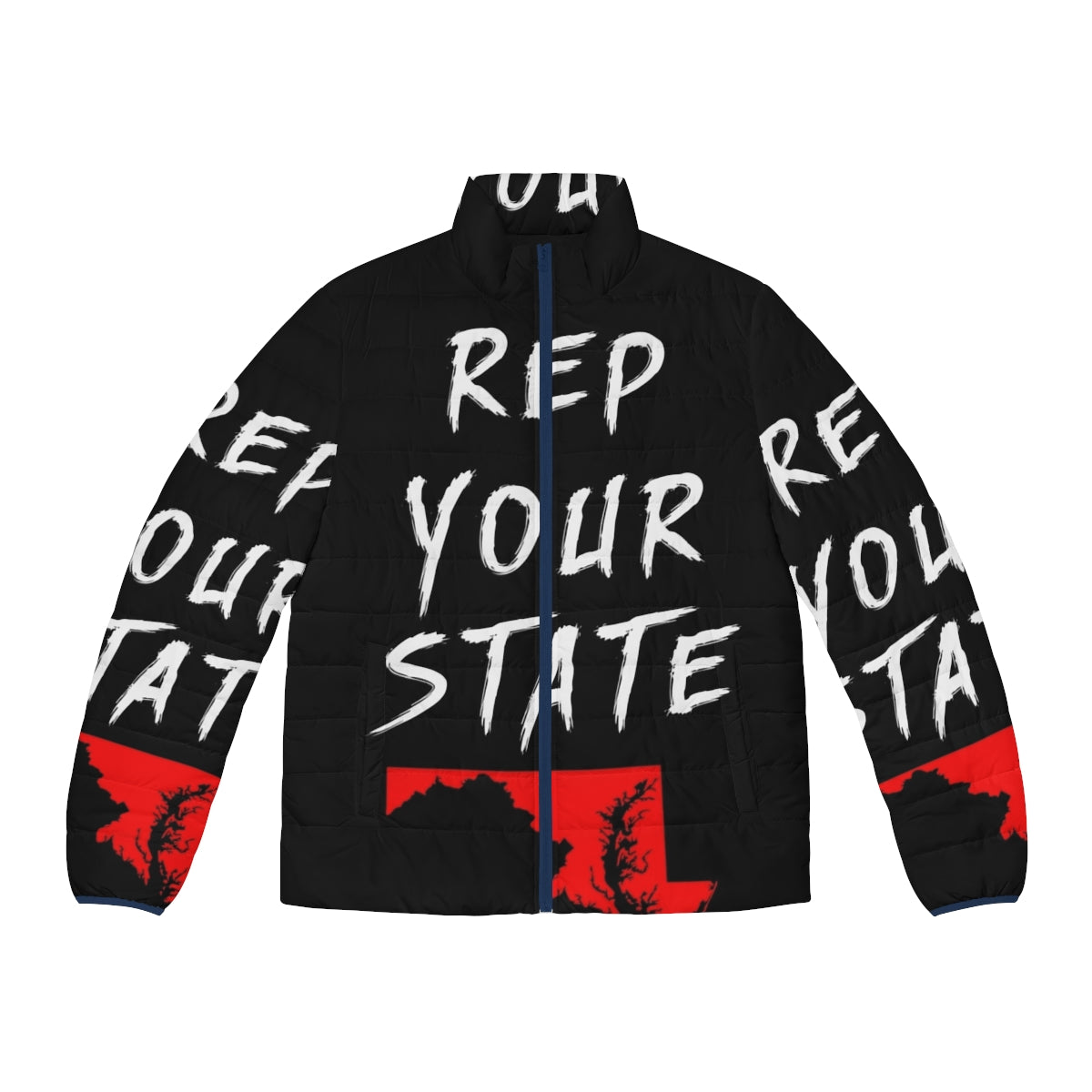 Maryland state puffer jacket with text "Rep Your State"