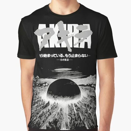 Akira cyberpunk city explosion graphic t-shirt featuring anime and manga characters