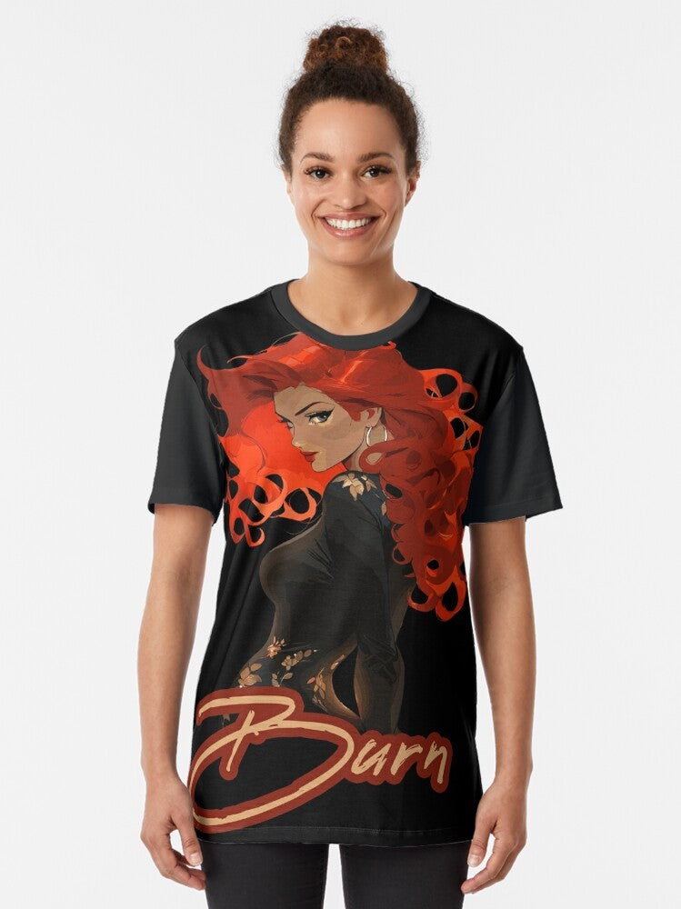 Burn Graphic T-Shirt with Fiery Design and Attractive Model - Women