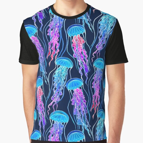 Glowing, bioluminescent jellyfish in a colorful, ombre pattern on a navy blue background