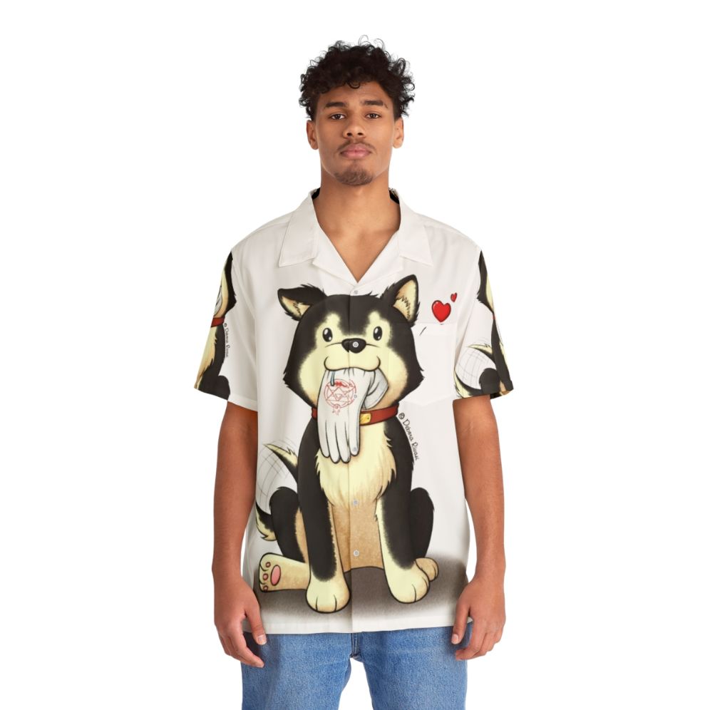 Black Hayate Anime Hawaiian Shirt Featuring the Beloved Puppy from Fullmetal Alchemist - People Front