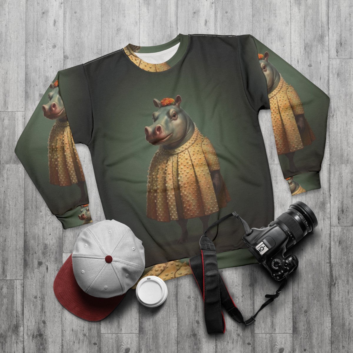 Vintage-style sweatshirt with a funky hippo graphic - flat lay